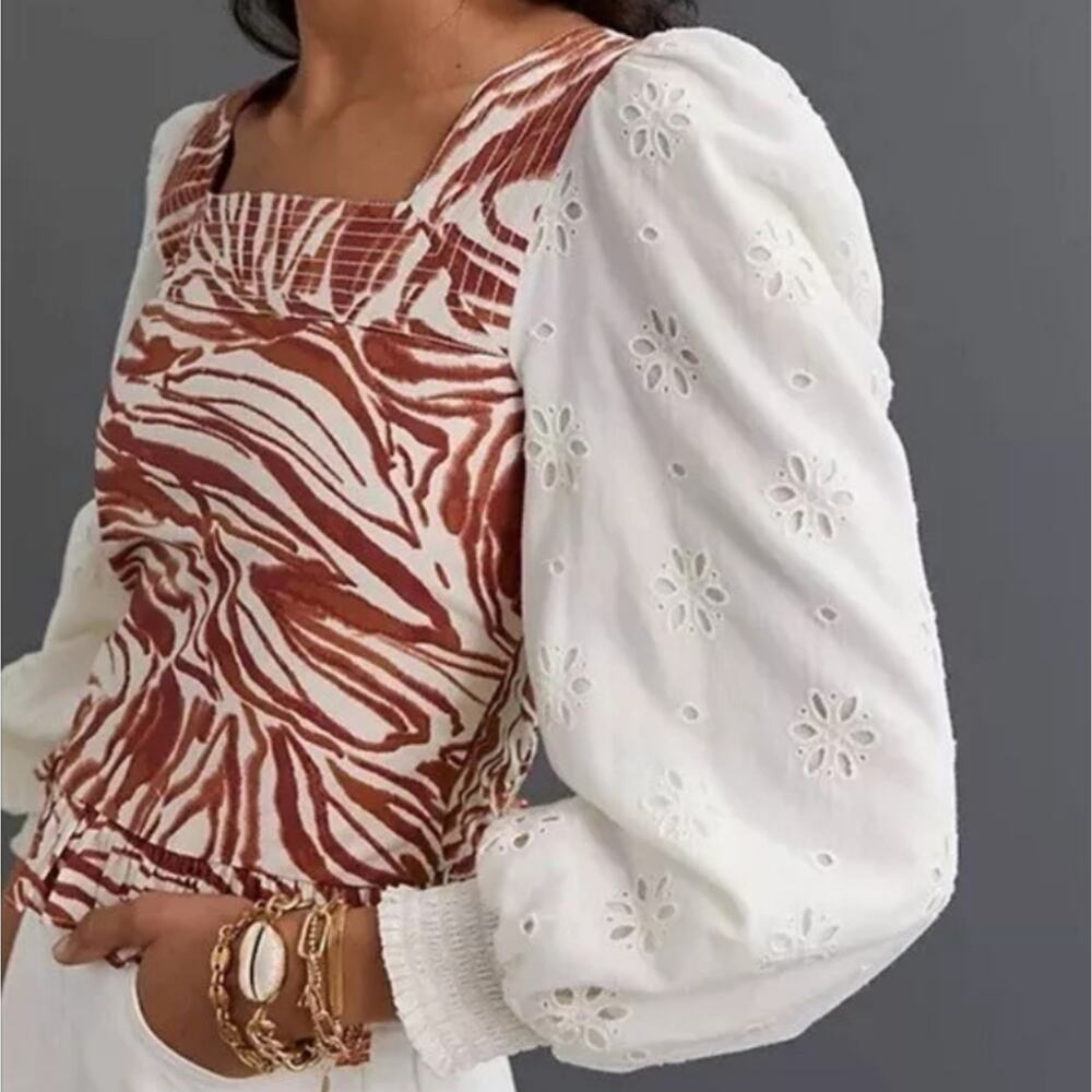 Anthropologie Love The Label Smocked Puff Sleeve Blouse Zebra Square Neck Boho M